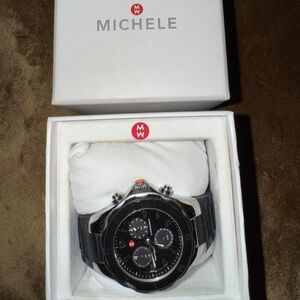 Black Rubber Michele Watch with Silver Bezel